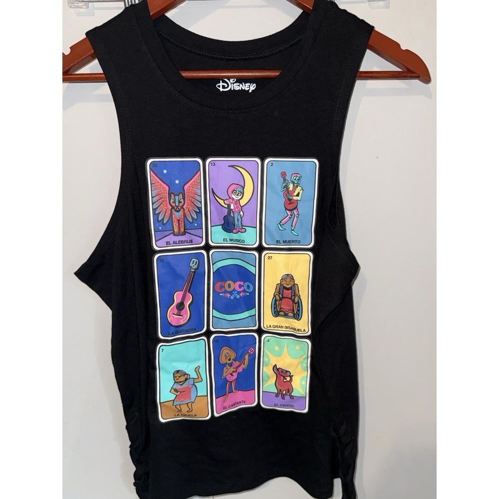 Disney Women's Graphic Coco Tank Top Size Large Black Tie On‎ The Sides